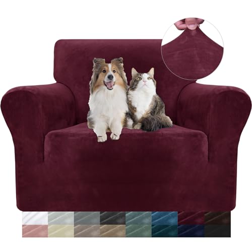 YSTELLAA Samt Stretch Sofabezug 1 Sitzer, Sofaschoner rutschfest Sofa Überzug, Sofa Cover Mit Armlehnen, Elastischer Couch Überzug, Sesselschoner Sofaschutz Katze Sesselbezug,Weinrot von YSTELLAA