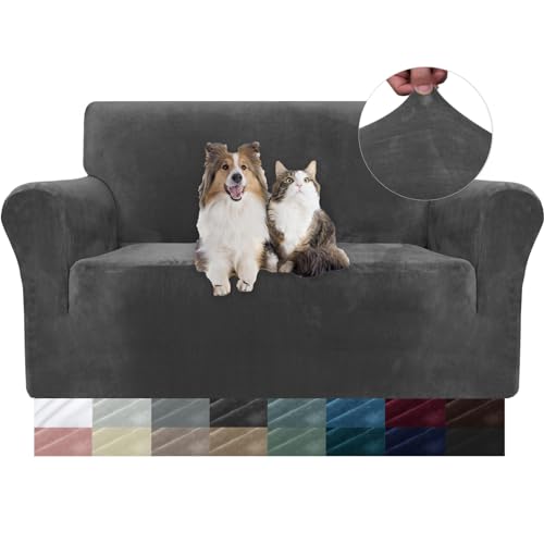 YSTELLAA Sofa Überzug Samt 2 Sitzer, Stretch Sofabezug, Sofaschoner rutschfest, Elastischer Sofa Bezug, Sofa Cover Mit Armlehnen, Bezug Sofa Sofaschutz Katze Couchschoner Sofa Decken, Grau von YSTELLAA