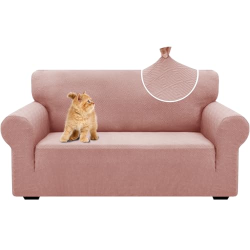 YSTELLAA Stretch Sofa Überzug 2 Sitzer, Sofaschoner rutschfest Mit Armlehne, Dicke Sofabezug Für Hunde Katzen Und Haustiere, Universal Jacquard Sofabezug, Waschbare Sofa Cover, Grau Rosa von YSTELLAA