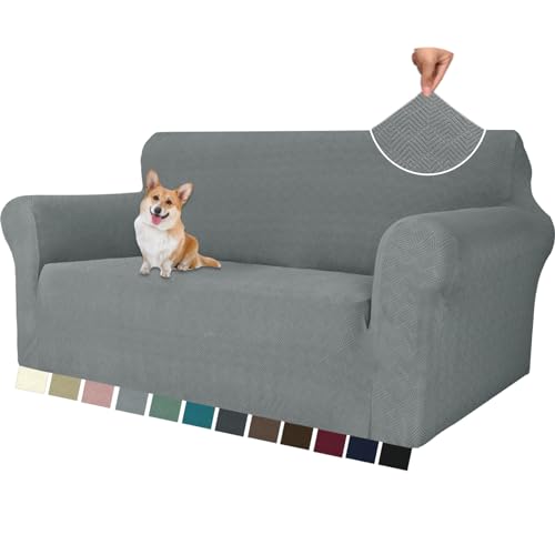 YSTELLAA Stretch Sofa Überzug 2 Sitzer, Sofaschoner rutschfest Mit Armlehne, Dicke Sofabezug Für Hunde Katzen Und Haustiere, Universal Jacquard Sofabezug, Waschbare Sofa Cover, Hellgrau von YSTELLAA