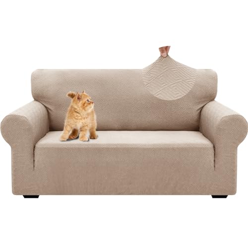 YSTELLAA Stretch Sofa Überzug 2 Sitzer, Sofaschoner rutschfest Mit Armlehne, Dicke Sofabezug Für Hunde Katzen Und Haustiere, Universal Jacquard Sofabezug, Waschbare Sofa Cover, Khaki von YSTELLAA