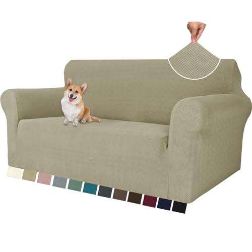 YSTELLAA Stretch Sofa Überzug 2 Sitzer, Sofaschoner rutschfest Mit Armlehne, Dicke Sofabezug Für Hunde Katzen Und Haustiere, Universal Jacquard Sofabezug, Waschbare Sofa Cover, Khaki von YSTELLAA