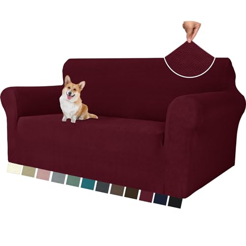 YSTELLAA Stretch Sofa Überzug 2 Sitzer, Sofaschoner rutschfest Mit Armlehne, Dicke Sofabezug Für Hunde Katzen Und Haustiere, Universal Jacquard Sofabezug, Waschbare Sofa Cover, Rot von YSTELLAA