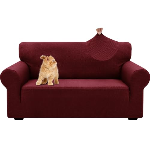 YSTELLAA Stretch Sofa Überzug 2 Sitzer, Sofaschoner rutschfest Mit Armlehne, Dicke Sofabezug Für Hunde Katzen Und Haustiere, Universal Jacquard Sofabezug, Waschbare Sofa Cover, Rot von YSTELLAA