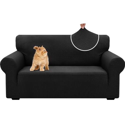 YSTELLAA Stretch Sofa Überzug 2 Sitzer, Sofaschoner rutschfest Mit Armlehne, Dicke Sofabezug Für Hunde Katzen Und Haustiere, Universal Jacquard Sofabezug, Waschbare Sofa Cover, Schwarz von YSTELLAA