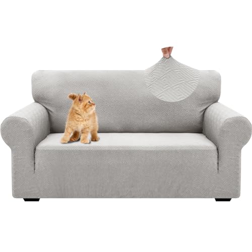 YSTELLAA Stretch Sofa Überzug 2 Sitzer, Sofaschoner rutschfest Mit Armlehne, Dicke Sofabezug Für Hunde Katzen Und Haustiere, Universal Jacquard Sofabezug, Waschbare Sofa Cover, Silber Grau von YSTELLAA