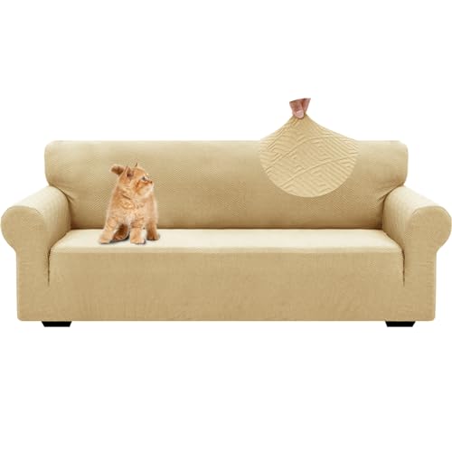 YSTELLAA Stretch Sofa Überzug 3 Sitzer, Sofaschoner rutschfest Mit Armlehne, Universal Jacquard Sofabezug, Dicke Sofabezug Für Hunde Katzen Und Haustiere, Waschbare Sofa Cover, Beige Gelb von YSTELLAA