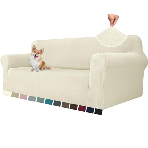 YSTELLAA Stretch Sofa Überzug 3 Sitzer, Sofaschoner rutschfest Mit Armlehne, Universal Jacquard Sofabezug, Dicke Sofabezug Für Hunde Katzen Und Haustiere, Waschbare Sofa Cover, Beige von YSTELLAA