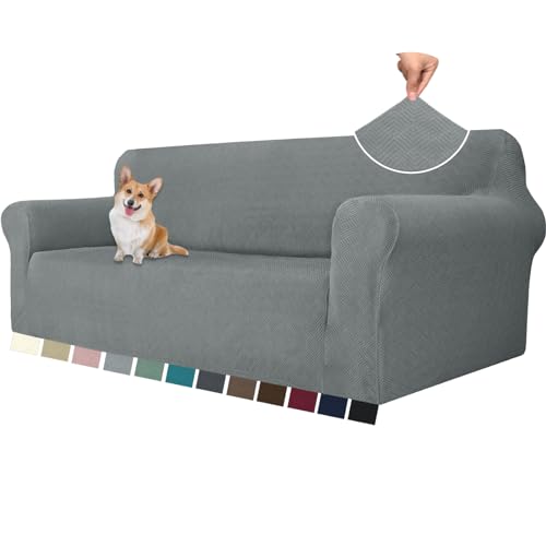 YSTELLAA Stretch Sofa Überzug 3 Sitzer, Sofaschoner rutschfest Mit Armlehne, Universal Jacquard Sofabezug, Dicke Sofabezug Für Hunde Katzen Und Haustiere, Waschbare Sofa Cover, Hellgrau von YSTELLAA