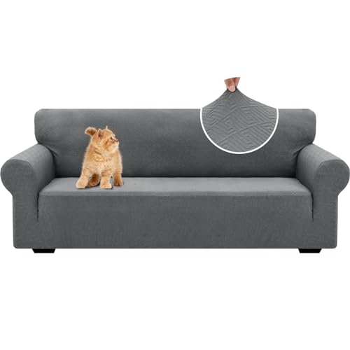 YSTELLAA Stretch Sofa Überzug 3 Sitzer, Sofaschoner rutschfest Mit Armlehne, Universal Jacquard Sofabezug, Dicke Sofabezug Für Hunde Katzen Und Haustiere, Waschbare Sofa Cover, Hellgrau von YSTELLAA