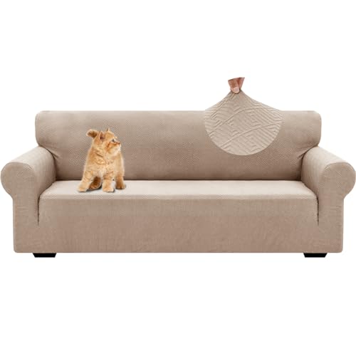 YSTELLAA Stretch Sofa Überzug 3 Sitzer, Sofaschoner rutschfest Mit Armlehne, Universal Jacquard Sofabezug, Dicke Sofabezug Für Hunde Katzen Und Haustiere, Waschbare Sofa Cover, Khaki von YSTELLAA