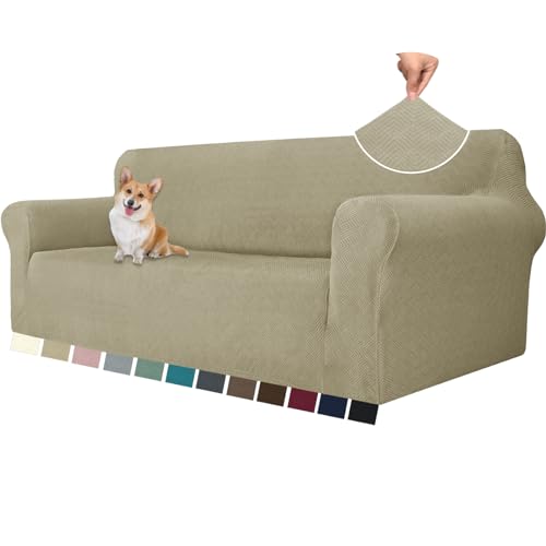 YSTELLAA Stretch Sofa Überzug 3 Sitzer, Sofaschoner rutschfest Mit Armlehne, Universal Jacquard Sofabezug, Dicke Sofabezug Für Hunde Katzen Und Haustiere, Waschbare Sofa Cover, Khaki von YSTELLAA