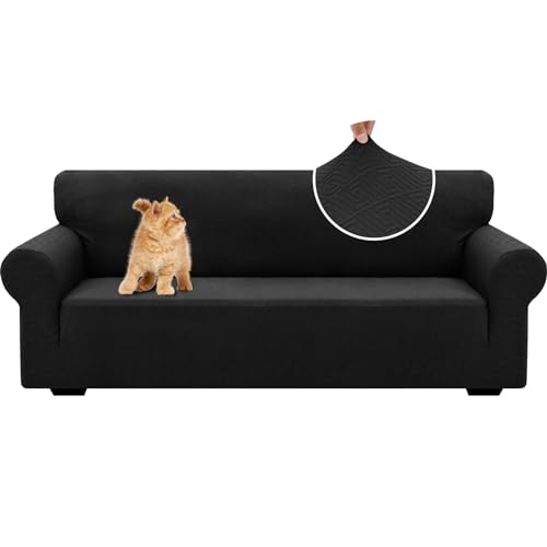 YSTELLAA Stretch Sofa Überzug 3 Sitzer, Sofaschoner rutschfest Mit Armlehne, Universal Jacquard Sofabezug, Dicke Sofabezug Für Hunde Katzen Und Haustiere, Waschbare Sofa Cover, Schwarz von YSTELLAA