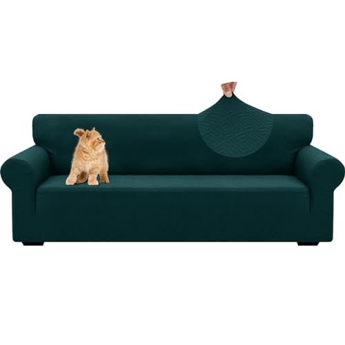 YSTELLAA Stretch Sofa Überzug 4 Sitzer, Sofaschoner rutschfest Mit Armlehne, Universal Jacquard Sofabezug, Waschbare Sofa Cover, Dicke Sofabezug Für Hunde Katzen Und Haustiere, Dunkelgrün von YSTELLAA