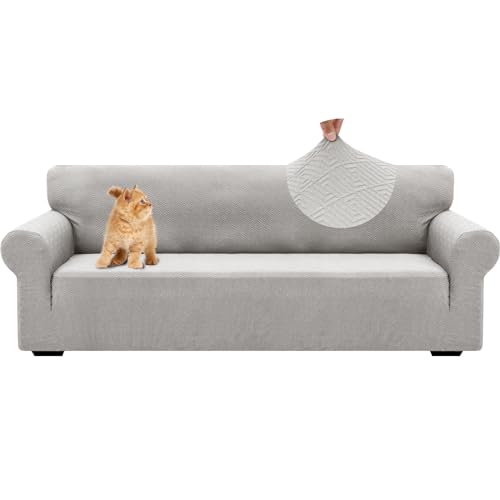 YSTELLAA Stretch Sofa Überzug 4 Sitzer, Sofaschoner rutschfest Mit Armlehne, Universal Jacquard Sofabezug, Waschbare Sofa Cover, Dicke Sofabezug Für Hunde Katzen Und Haustiere, Silber Grau von YSTELLAA