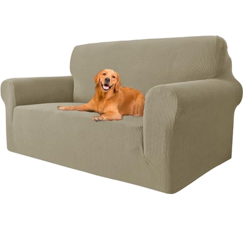 YSTELLAA Stretch Sofa überzug 2 Sitzer, Super Elastisch Sofabezug Mit Armlehnen Waschbarer, kratzfester rutschfest Sofa Cover für Hunde Katzen und Haustiere (Khaki, Sofa Breite 145cm-178cm) von YSTELLAA