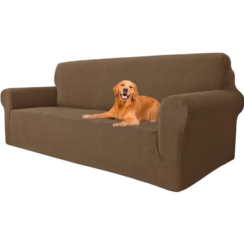 YSTELLAA Stretch Sofa überzug 3 Sitzer, Super Elastisch Sofabezug Mit Armlehnen Waschbarer, kratzfester rutschfest Sofa Cover für Hunde Katzen und Haustiere (Braun, Sofa Breite 183cm-234cm) von YSTELLAA