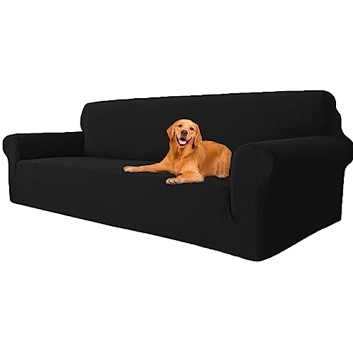 YSTELLAA Stretch Sofa überzug 4 Sitzer, Super Elastisch Sofabezug Mit Armlehnen Waschbarer, kratzfester rutschfest Sofa Cover für Hunde Katzen und Haustiere(Schwarz, Sofa Breite 233cm-293cm) von YSTELLAA