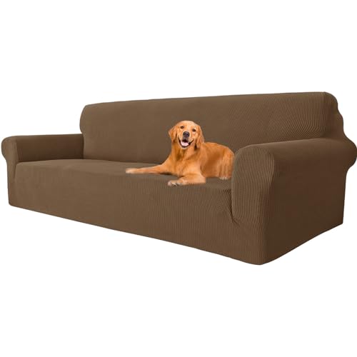 YSTELLAA Stretch Sofa überzug 4 Sitzer, Super Elastisch Sofabezug Mit Armlehnen Waschbarer, kratzfester rutschfest Sofa Cover für Hunde Katzen und Haustiere (Braun, Sofa Breite 233cm-293cm) von YSTELLAA