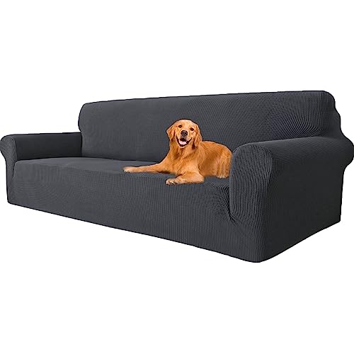 YSTELLAA Stretch Sofa überzug 4 Sitzer, Super Elastisch Sofabezug Mit Armlehnen Waschbarer, kratzfester rutschfest Sofa Cover für Hunde Katzen und Haustiere(Dunkelgrau, Sofa Breite 233cm-293cm) von YSTELLAA