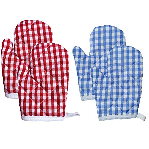 Kinder Kochhandschuhe Mikrowelle Backhandschuh 4 PCS Hitzebeständige Handschuhe Plaid Backhandschuh Ofenhandschuhe Wärmedämmung Handschuhe Verdickte Für Kinder Küche Gitter Stil Blau Rot von YSTJKD