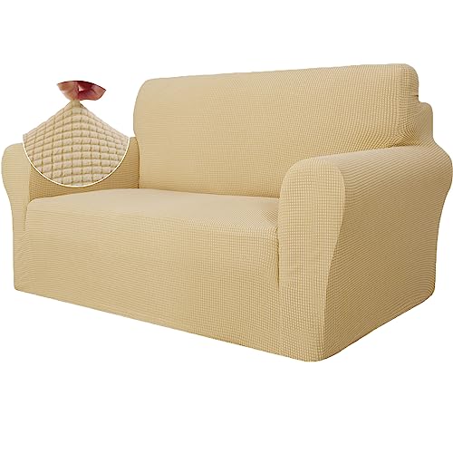 Ystyle Stretch Sofa überzug 2 Sitzer, Elastisch Sofabezug Mit Armlehnen, Jacquard Couch überzug rutschfest, Waschbar Sofa Cover Protector Für Hunde Haustiere, Beige Gelb von Ystyle