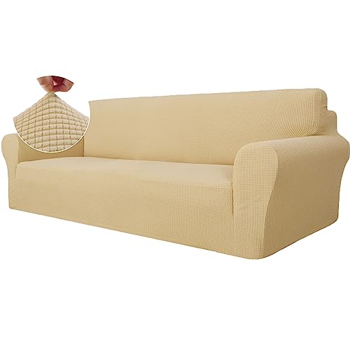 Ystyle Stretch Sofa überzug 4 Sitzer, Elastisch Sofabezug Mit Armlehnen, Jacquard Couch überzug rutschfest, Waschbar Sofa Cover Protector Für Hunde Haustiere, Beige Gelb von Ystyle