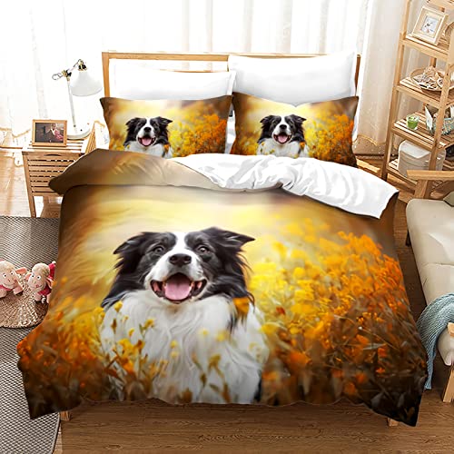 Border Collie 3 Teilig Bettwäsche Set 200x200cm Tier Hund 3D-Druck Bettbezug und 2 Kissenbezug Mikrofaser Baumwolle Bettbezug Set Mit Reißverschluss für Kinder Erwachsene Junge Mädchen von YSWFGE