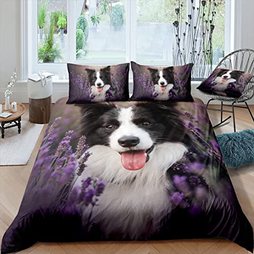 Border Collie 3 Teilig Bettwäsche Set 3D-Druck Tier Hund Bettbezug und 2 Kissenbezug Mikrofaser Baumwolle Bettbezug Set Mit Reißverschluss für Kinder Erwachsene Junge Mädchen 200x200cm von YSWFGE