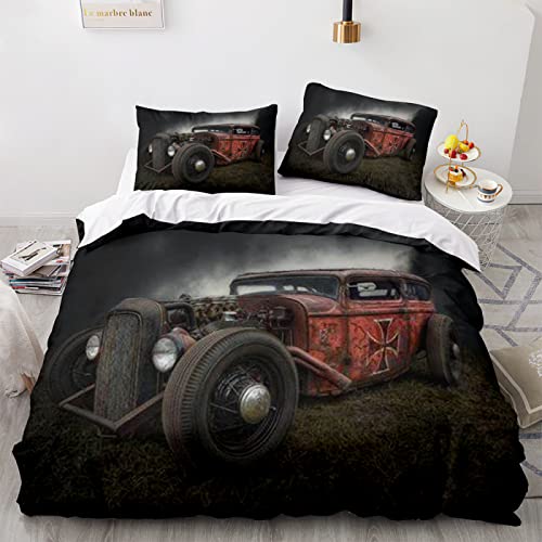 YSWFGE Bettwäsche 220x240 Kinder Oldtimer Bettbezug Set Mit Reißverschluss 3D-Druck Rotes Altes Auto Bettwäsche-Set 3 Teilig Bedding Mikrofaser Bettbezüge Mit 2 Kissenbezug von YSWFGE