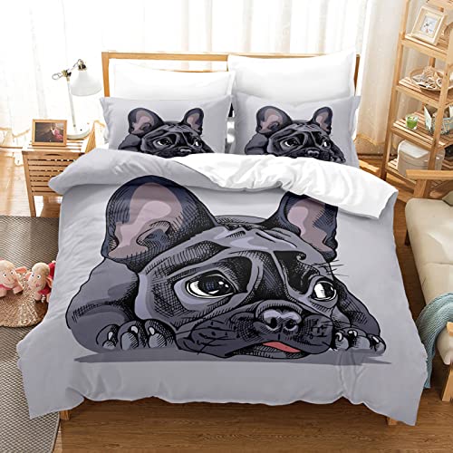 YSWFGE Französische Bulldogge 3 Teilig Bettwäsche Set 135x200cm Tier Hund 3D-Druck Bettbezug und 2 Kissenbezug Mikrofaser Baumwolle Bettbezug Set Mit Reißverschluss für Kinder Jugend Junge Mädchen von YSWFGE