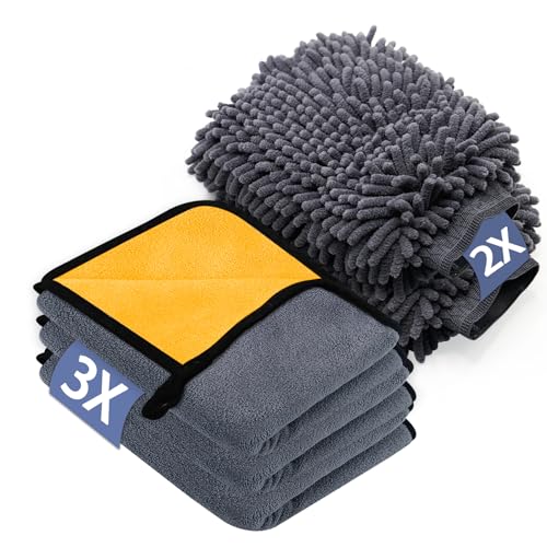 YSWOVUO 5 Stück Autopflege Set mit 3er Mikrofasertücher Auto & 2er Mikrofaser Waschhandschuh Auto, 600 GSM Trockentuch Extra Saugstark 100% Kratzfrei & Schonend, zum Polieren (40 x 30 cm) von YSWOVUO