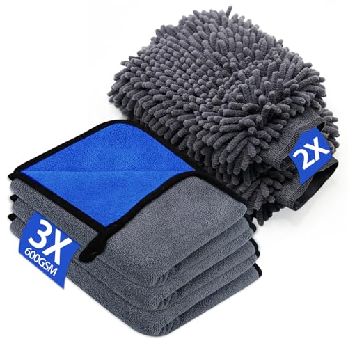 YSWOVUO 5 Stück Autopflege Set mit 3er Mikrofasertücher Auto & 2er Mikrofaser Waschhandschuh Auto, 600 GSM Trockentuch Extra Saugstark 100% Kratzfrei & Schonend, zum Polieren (40 x 30 cm) von YSWOVUO