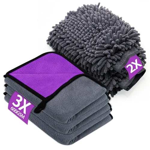 YSWOVUO 5 Stück Autopflege Set mit 3er Mikrofasertücher Auto & 2er Mikrofaser Waschhandschuh Auto, 600 GSM Trockentuch Extra Saugstark 100% Kratzfrei & Schonend, zum Polieren (40 x 30 cm) von YSWOVUO