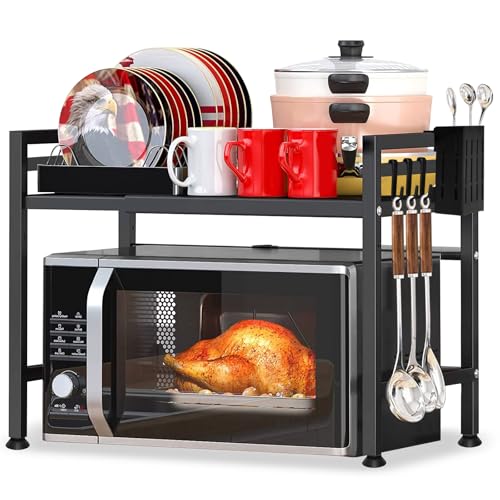 YSWOVUO Verstellbares Mikrowellen Regal, 2-Stufig Erweiterbares Küchenregal Arbeitsplatte, Regal Küche Arbeitsplatte Kohlenstoffstahl, Mikrowelle mit 8 Haken, 1 Küchenutensilienhalter, Schwarz von YSWOVUO