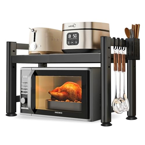 YSWOVUO Verstellbares Mikrowellen Regal, 2-Stufig Erweiterbares Küchenregal Arbeitsplatte, Regal Küche Arbeitsplatte Kohlenstoffstahl, Mikrowelle mit 8 Haken, 1 Küchenutensilienhalter, Schwarz von YSWOVUO