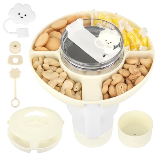 YSWOVUO Snackschale mit Deckel für Stanley Cup 40oz, Silikon Snackteller mit 5 Stück Stanley Cup Zubehör, Stanley Cup Teller mit 4 Fächern, Snack Tablett für Kino Camping Auto Nüsse Candy, Beige von YSWOVUO