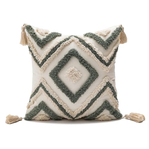 YT-KOKE Boho Tufting Kissenbezüge mit Fransen, Dekorative Kissenbezüge mit Verstecktem Reißverschluss, Marokko Getuftete Kissenbezüge mit Quasten (Green,45x45cm) von YT-KOKE