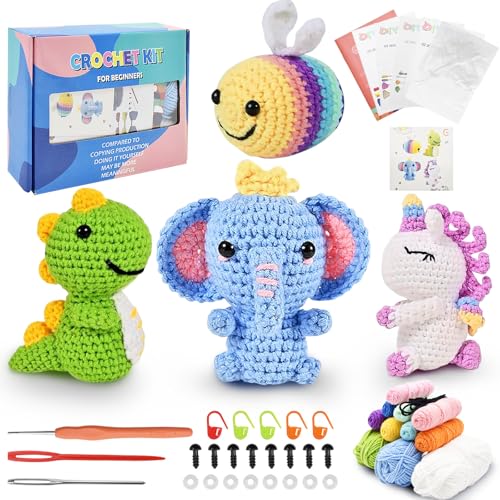 YTACREA Häkelnadel Set für Anfänger, Crochet Set für Kinder Erwachsen, Häkelset Tiere mit Videokurs und Anleitung, Amigurumi Sets - Bienen-Elefanten-Dinosaurier-Einhörner, Strickset für Häkel-Fans von YTACREA