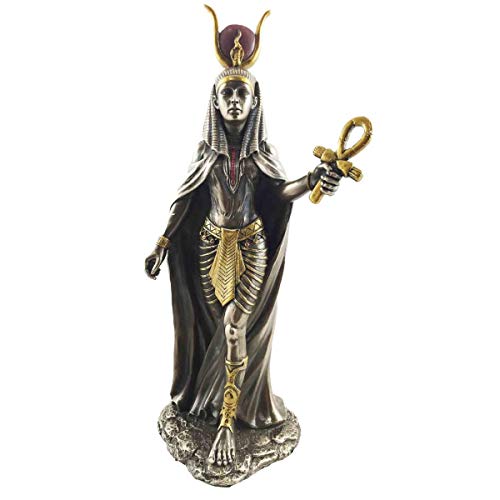 Ägyptische Göttin Hathor mit Sonnenscheibe und Ankh in der Hand bronziert von YTC