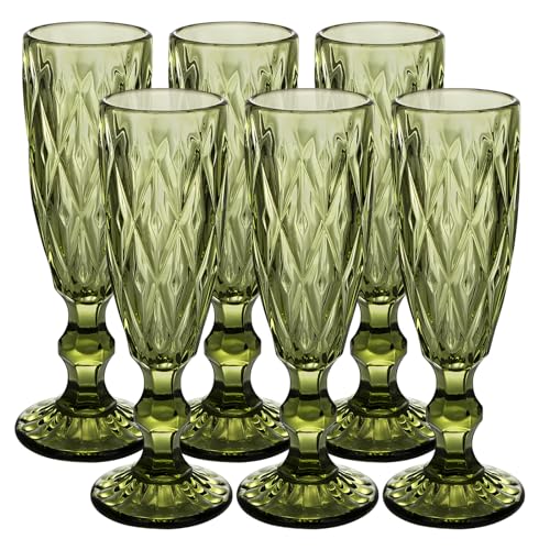 YTCYKJ Champagnerflöten aus Glas, Vintage-Kelchgläser, Weingläser, farbiges Glaswaren-Set, Wasserkelche für Neujahr, Weihnachten, Party, Hochzeit und den täglichen Gebrauch, 142 ml, 6 Stück (grün, 142 von YTCYKJ