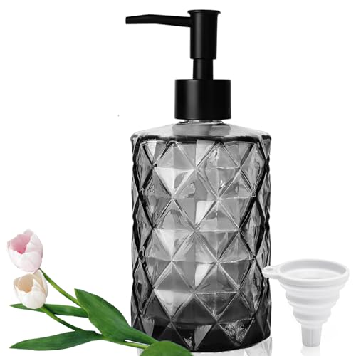 Seifenspender Glas 330 ml Seifenspender mit Trichter, Seifenspender Schwarz Glas für Badezimmer, Elegant Glas Seifenspender Küche für Duschgel, für Küche, Bad, WC, Duschgel, Waschmittel, Shampoo von YTDTKJ