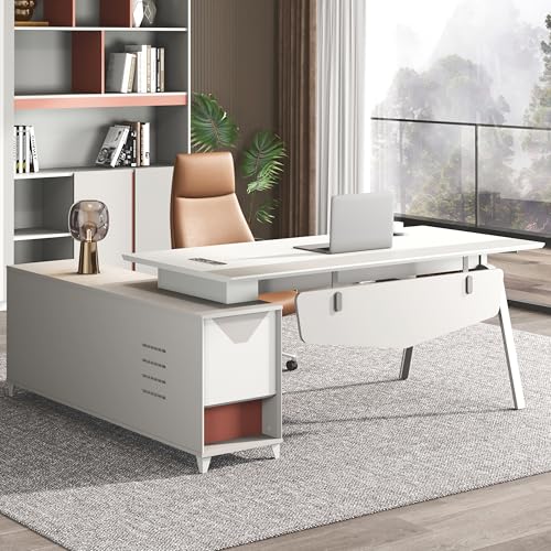 Moderner Chefschreibtisch, L-Form mit 160 cm seitlichem Aktenschrank, Kombi, großer warmweißer Chefschreibtisch mit abschließbarer Schublade, Computertisch, Business-Möbel-Set für Heimbüro Moderner Chefschreibtisch, L-Form mit 160 cm seitlichem Aktenschrank, Kombi, großer warmweißer Chefschreibtisch mit abschließbarer Schublade, Computertisch, Business-Möbel-Set für Heimbüro von YTElantivo