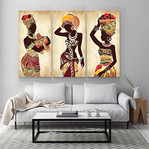 African Black Woman Leinwand Malerei Ethnische Kunst Poster für Wohnzimmer Dekoration Home Wandkunst Dekoratives Bild 60x120cm(24inx48in) x3Pcs mit Rahmen von YTITILUCK