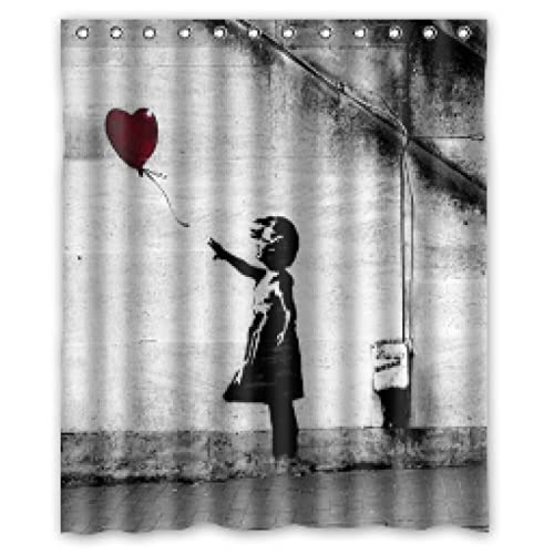 Banksy Balloon Girl Design aus wasserdichtem Badezimmer-Duschvorhang aus weißem Stoff, mit Haken für die Badewanne, 160 x 230 cm (B x L), extra Langer Duschvorhang von YTITILUCK