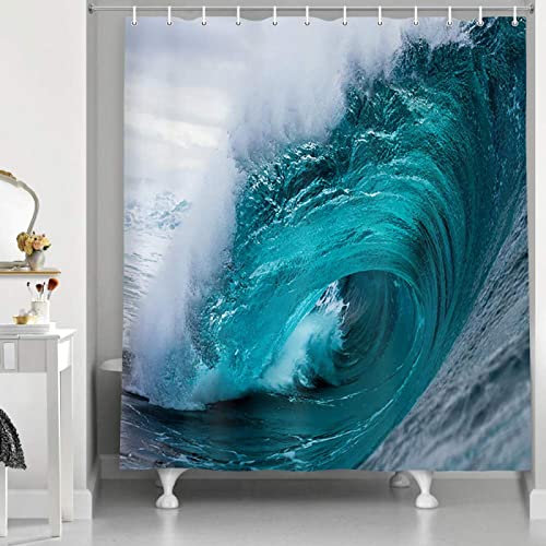 Künstlerischer Marineblau Die Große Welle Duschvorhang Japanisch Asiatisch Kanagawa Anime Malerei Dekor Badezimmervorhänge Sets 110x190cm (BxL) Stall-Duschvorhang von YTITILUCK