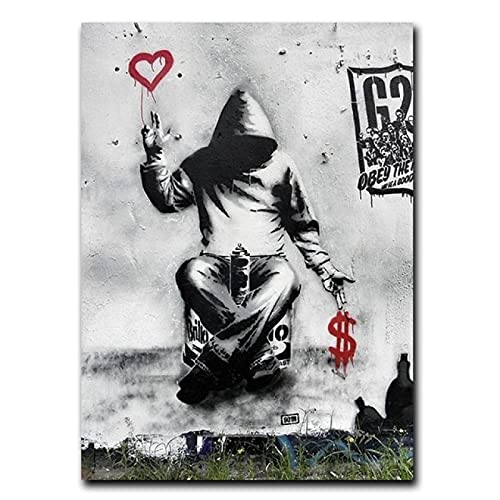 YTITILUCK Banksy Liebe über Geld Graffiti Street Art Leinwanddruck Wandkunst Bilder für Wohnzimmer Dekor Wandbild 60X80cm(24x31in) Innenrahmen von YTITILUCK