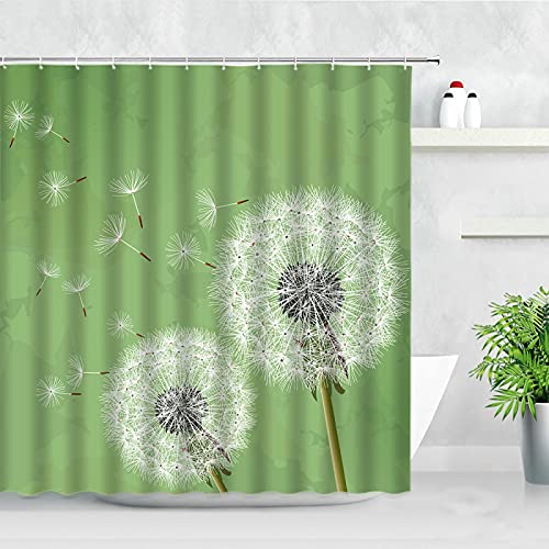 YTITILUCK Blumen-Duschvorhang-Set, weißer Löwenzahn, grüner Hintergrund, Badevorhänge, Blumengewebe, Polyester, für Badezimmerdekoration, 150 x 190 cm (B x L), Stall-Duschvorhang von YTITILUCK