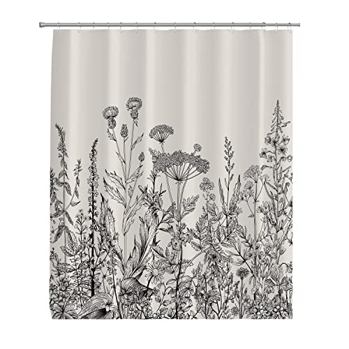 YTITILUCK Blumenkräuter und Wildblumen, botanische Gravur, schwarzer Duschvorhang, wasserdichtes Set mit 12 Haken, für Badezimmer, 200 (B) x 220 (H) cm, Nassraum-Duschvorhang von YTITILUCK