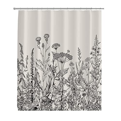 YTITILUCK Blumenkräuter und Wildblumen, botanische Gravur, schwarzer Duschvorhang, wasserdichtes Set mit 12 Haken für Badezimmer, 100 (B) x 200 (H) cm, Nassraum-Duschvorhang von YTITILUCK
